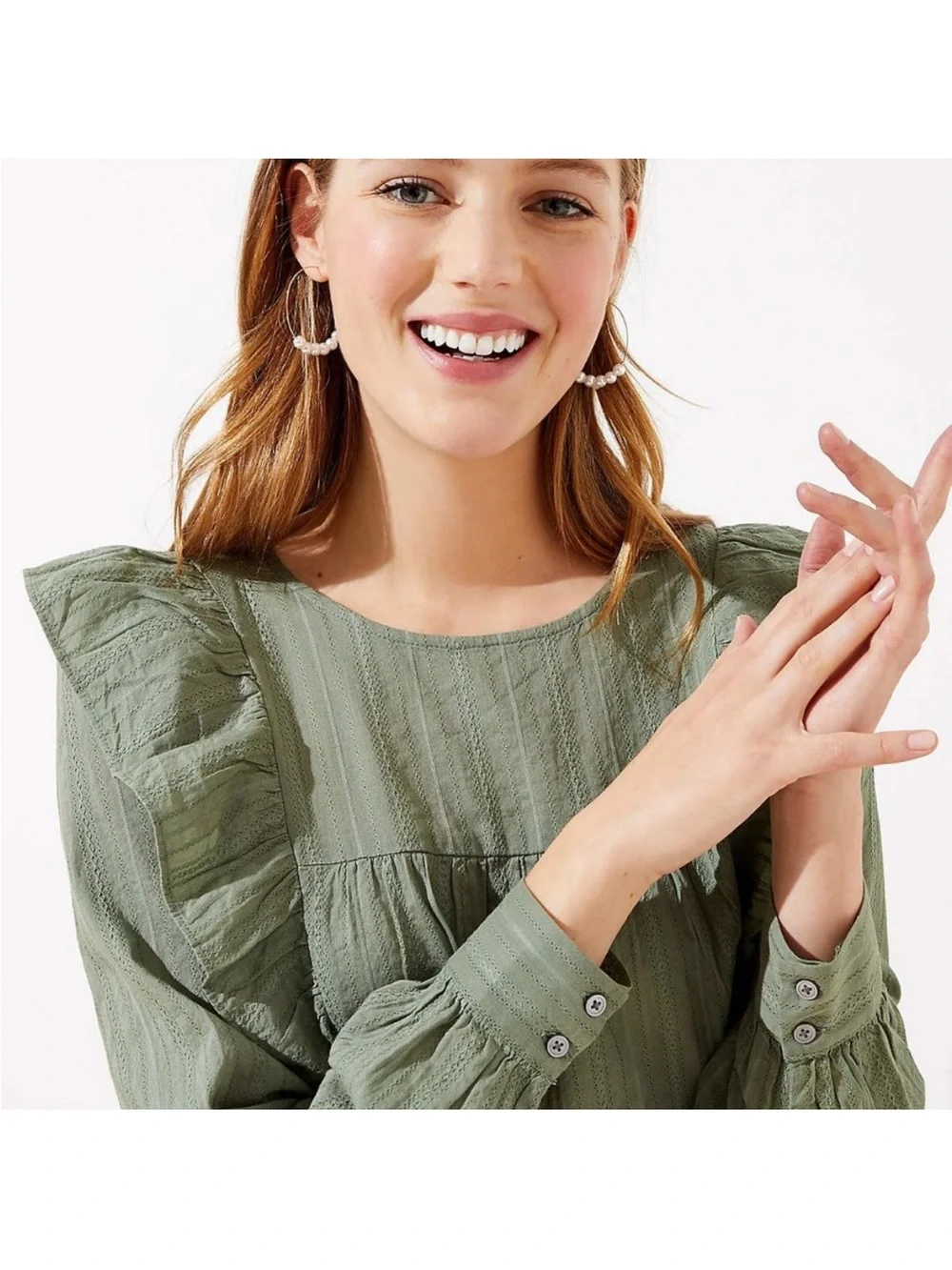 LOFT Ruffle Cropped Yoke Long-Sleeve Blouse in Sage Green SP